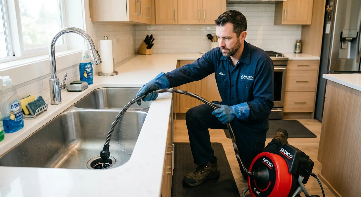 Drain cleaning technician using a motorized snake on a kitchen sink in North Bergen